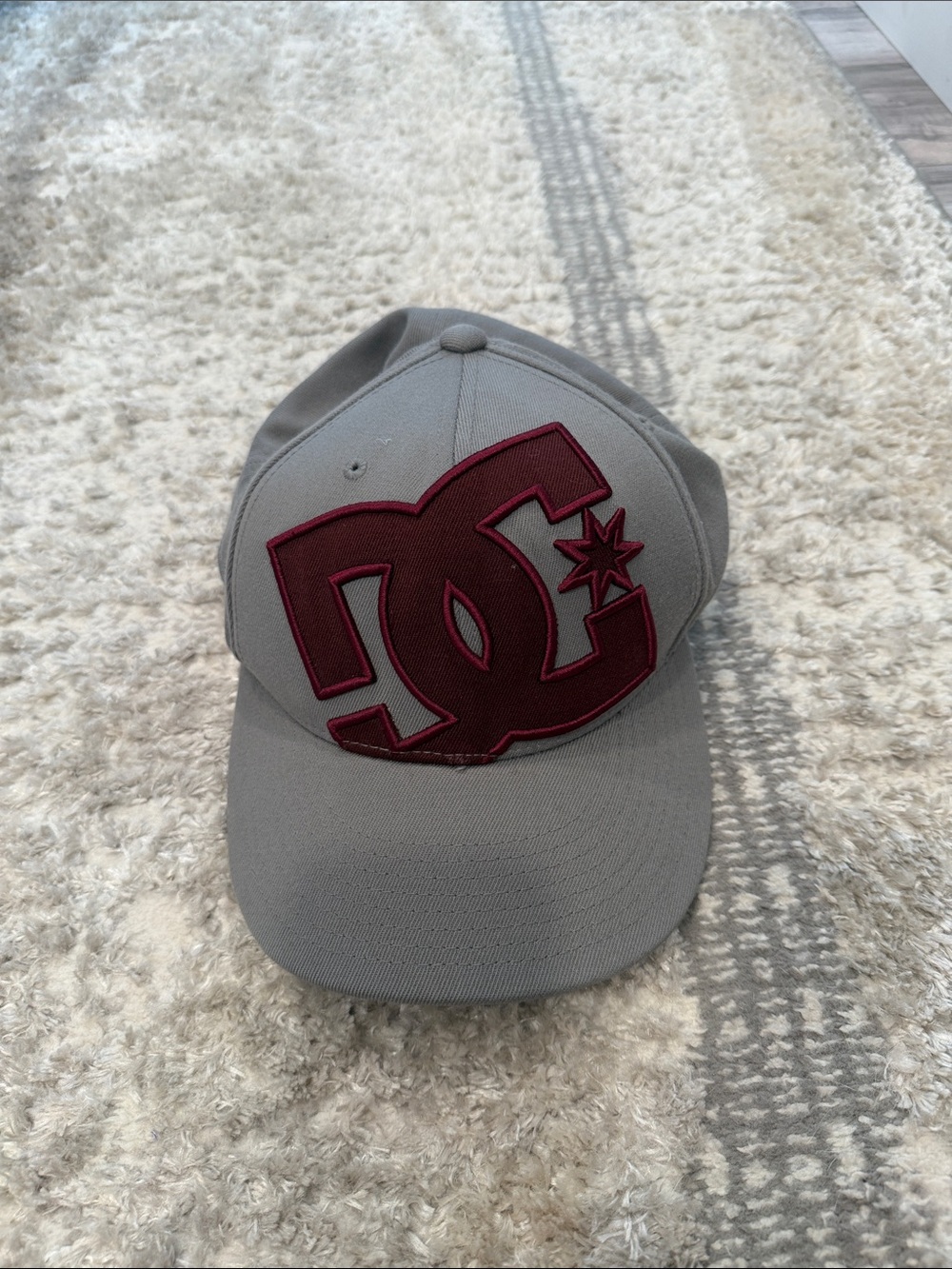 DC Grey 210 Flexfit Fitted Hat with Maroon Logo Patch